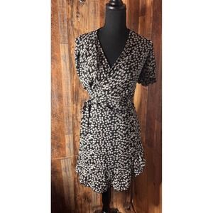 Black Floral Mini‎ Wrap Dress Short Sleeve Summer Casual Party Women's